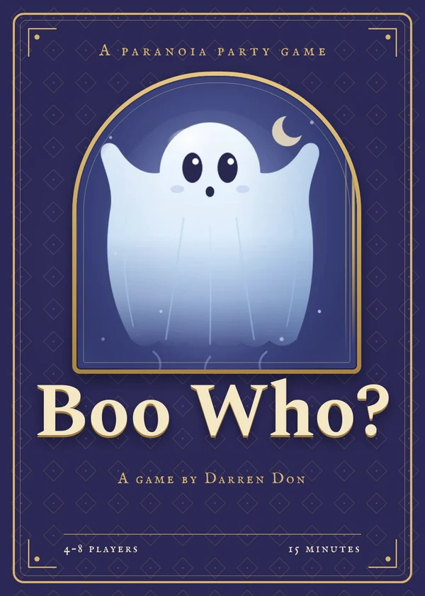The box front: Boo Who? by Darren Don, a ghost in a gold arched window over a violet diamond pattern, and A game by Darren Don below.