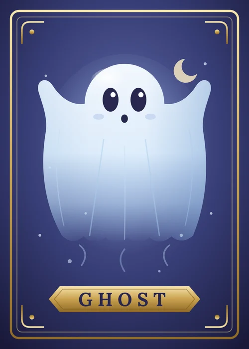 Ghost card: a glowing bedsheet ghost with big dark eyes on a night-blue background, fading into wisps, with a gold GHOST plate.