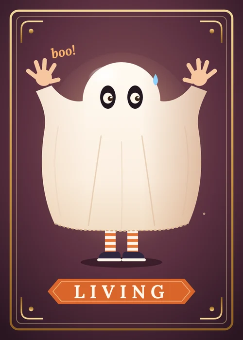 Living card: a kid in a bedsheet costume with hands up, nervous eyes in the eye holes, striped socks and sneakers, with an orange LIVING plate.