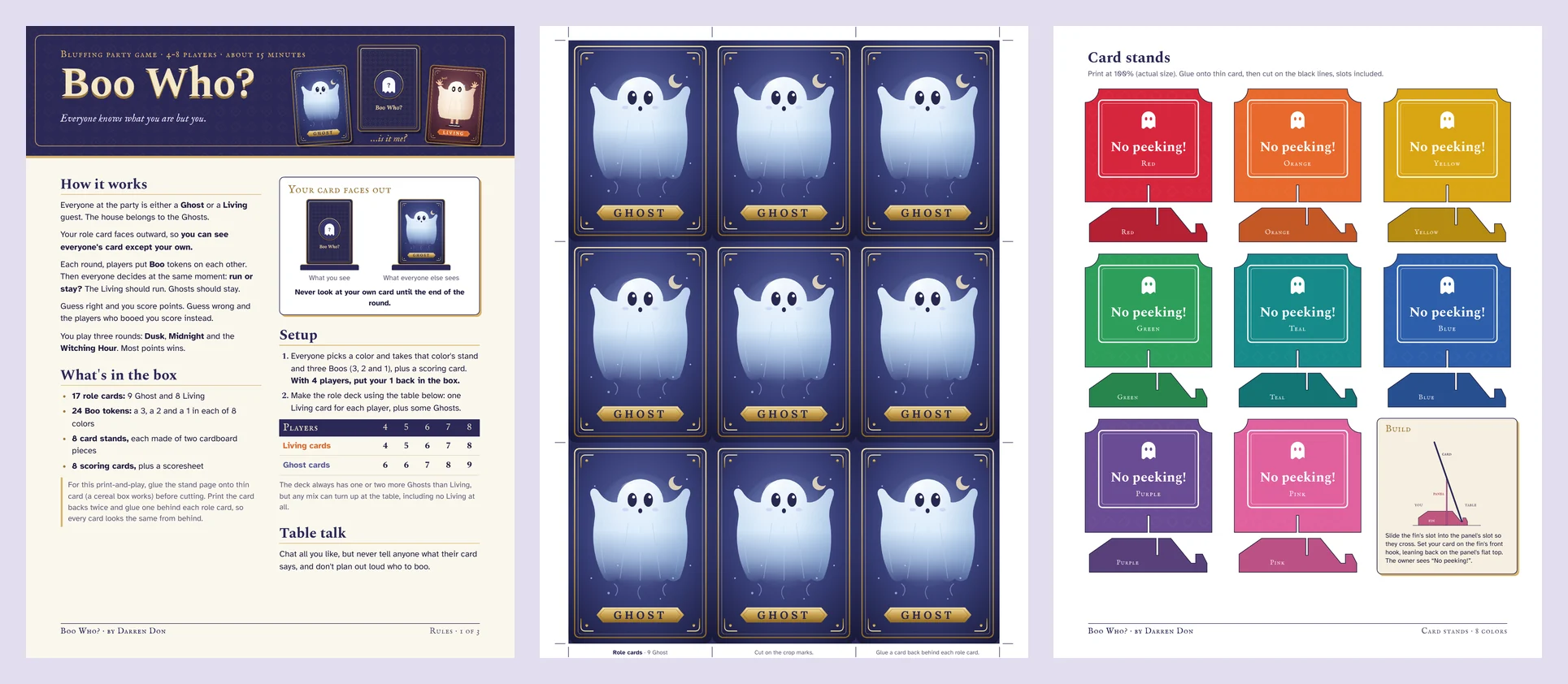 Three pages of the print-and-play kit: the first rules page, a sheet of Ghost cards, and the card stands page.