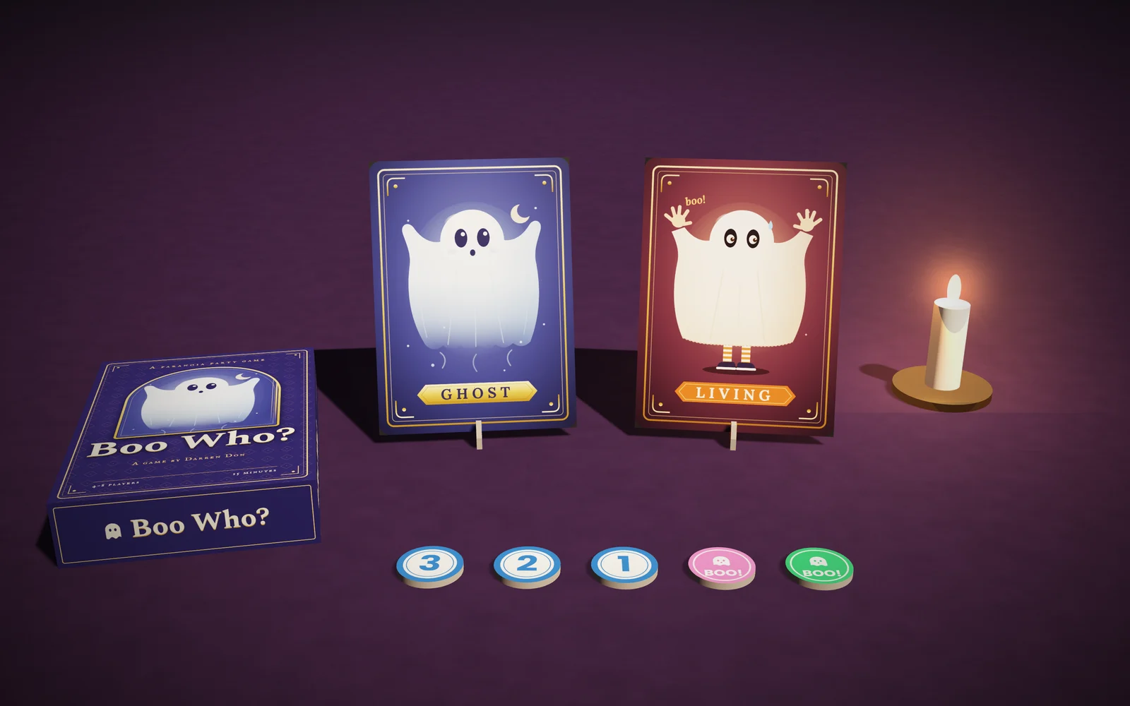 Boo Who? mockup on a plum felt table: the violet tuck box, a Ghost card and a Living card standing in their cardboard stands, a candle, and one player's Boos in a row: 3, 2 and 1, plus two BOO! sides.