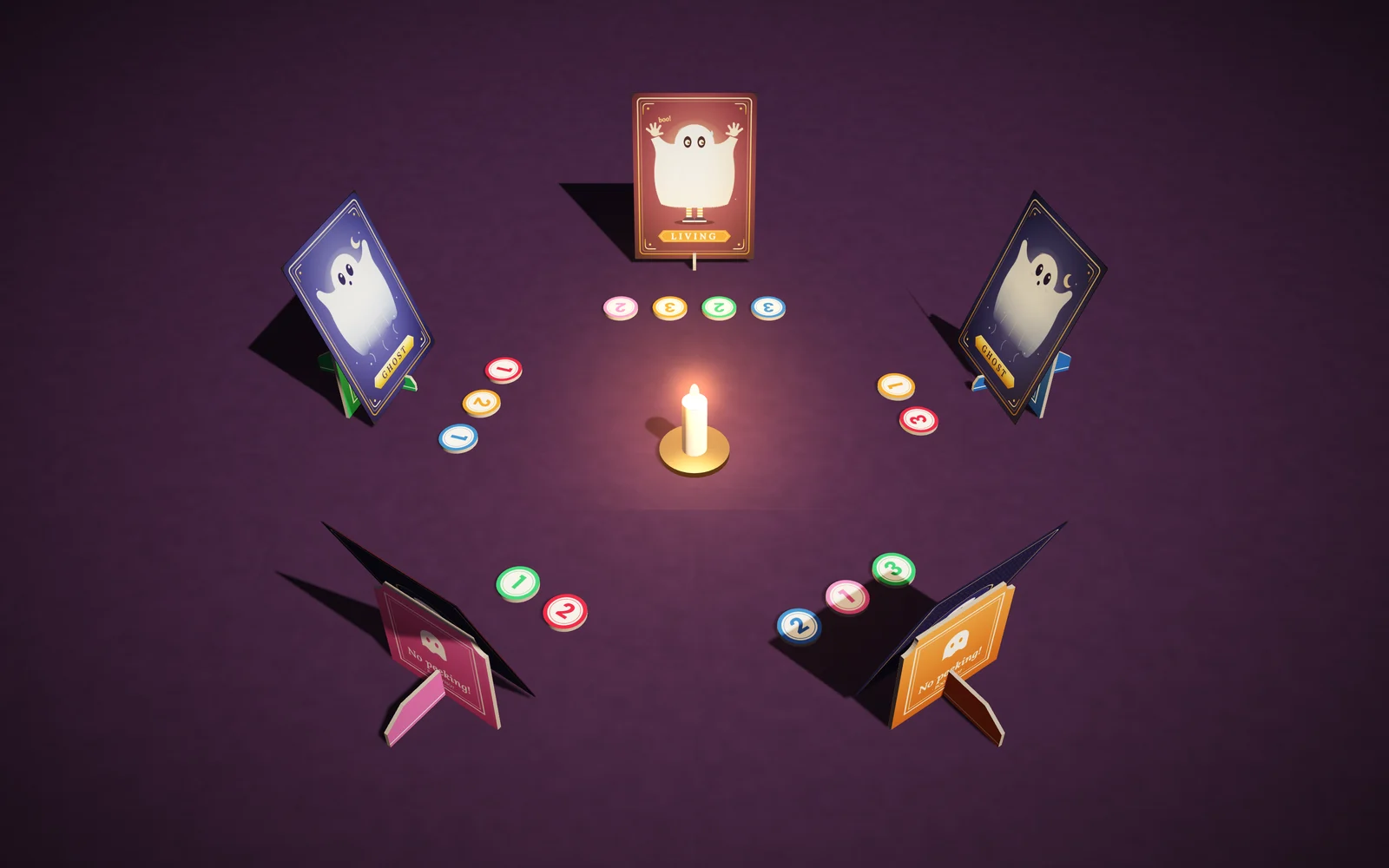 A five-player round seen from above.