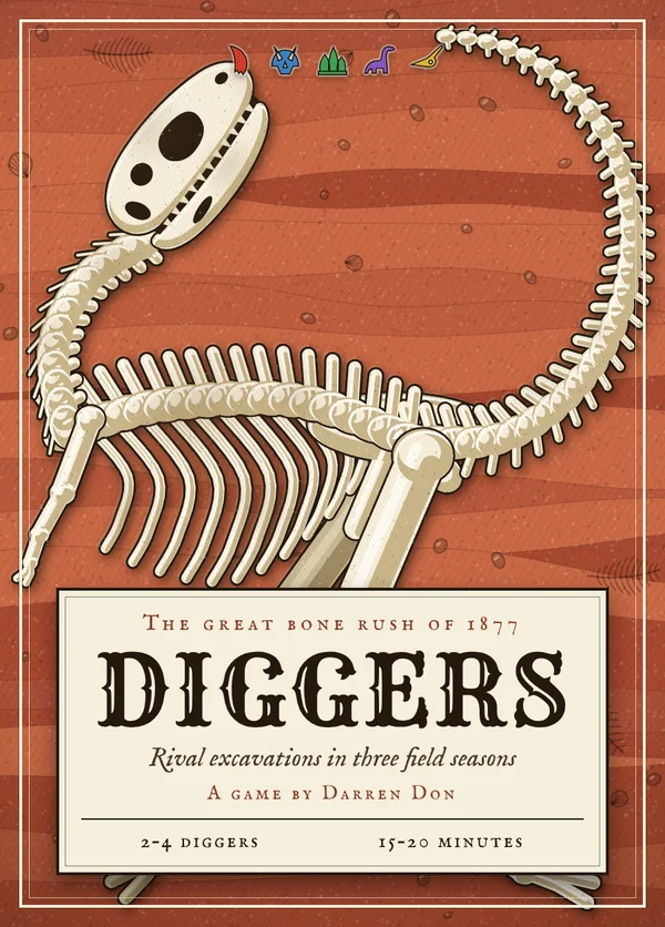 The tuck box front: a Tyrannosaurus skeleton curled in red sandstone above a cream title plate reading The great bone rush of 1877, Diggers, Rival excavations in three field seasons, a game by Darren Don.