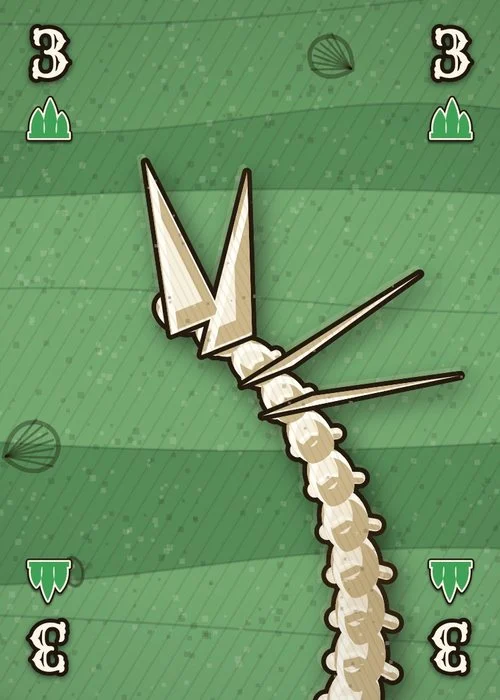 The Stegosaurus 3 card: green mudstone with the four tail spikes, a 3 and a green plates symbol in each corner.
