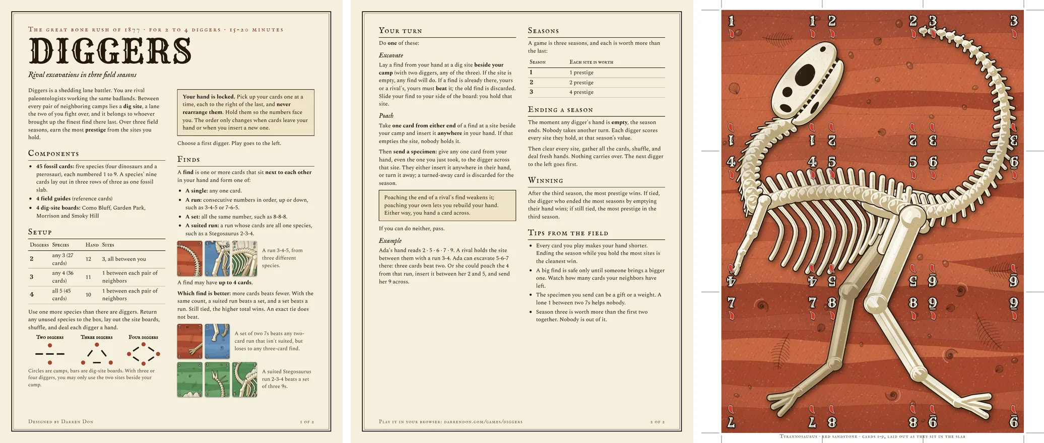 Three pages of the print-and-play kit: the two rules pages and the Tyrannosaurus card sheet.