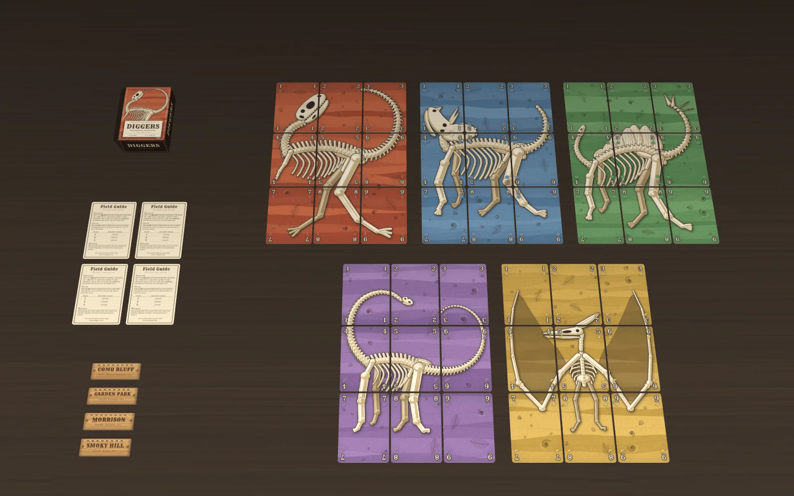 All 45 cards as five slabs, with the four field guides, the four named dig-site boards and the box.