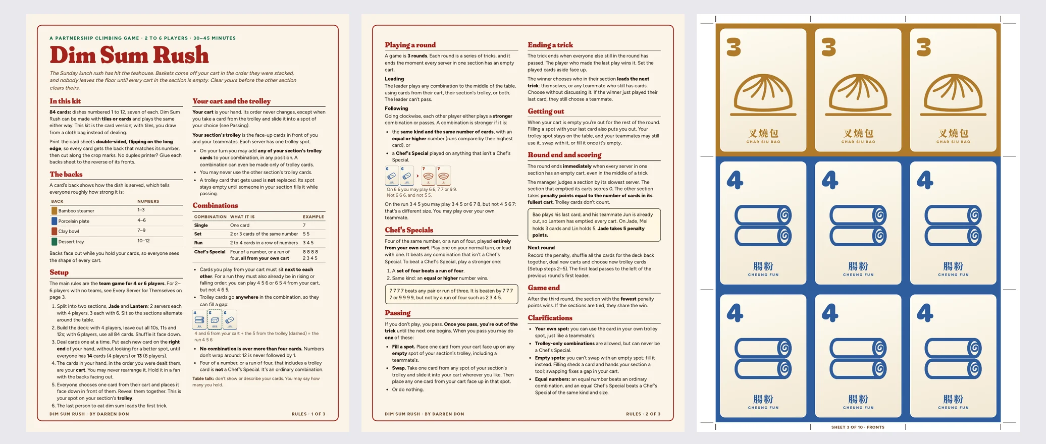 Three pages of the print-and-play kit: two rules pages and a sheet of nine cards.