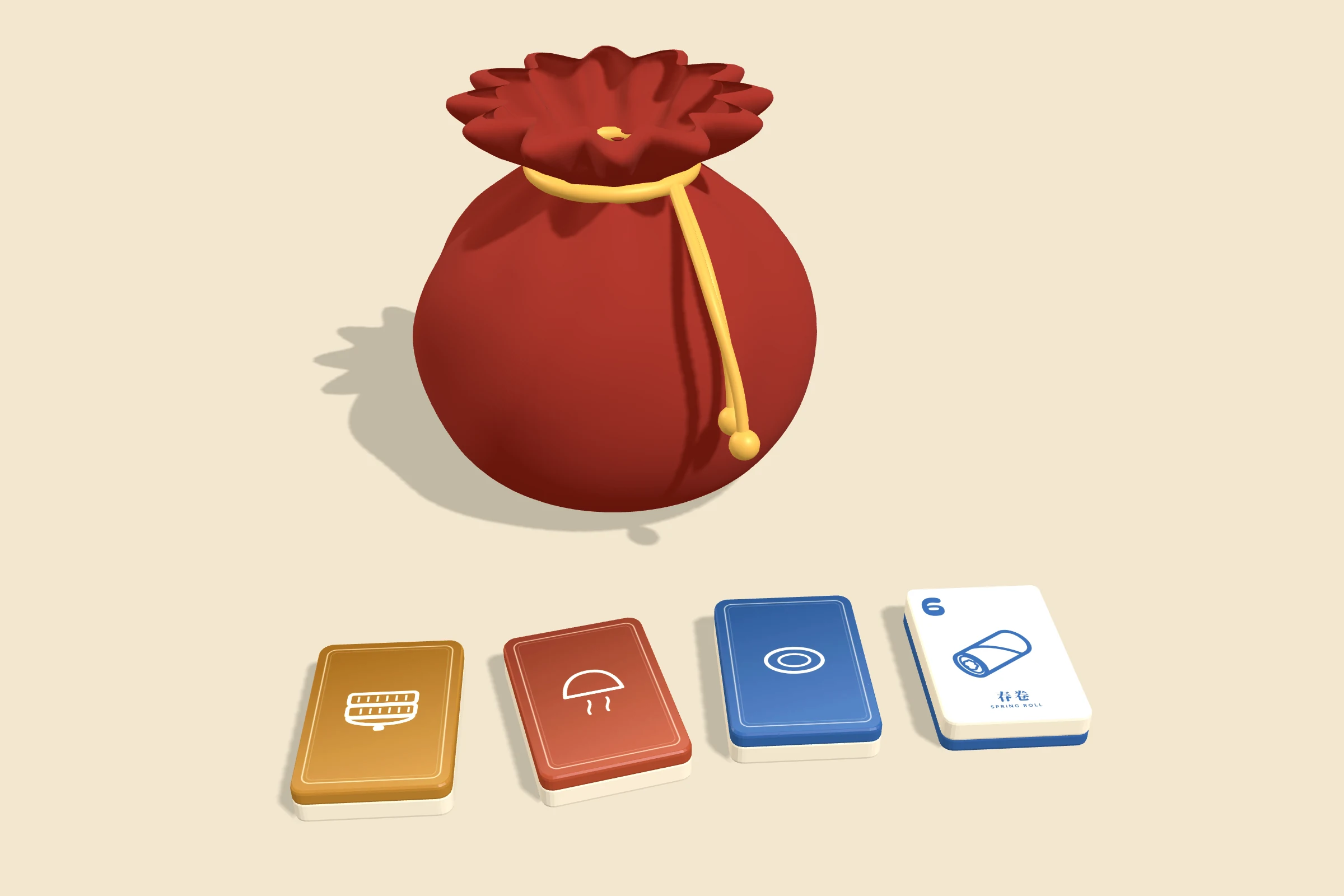 The red cloth tile bag with a gold drawstring, with four tiles laid out in front of it.