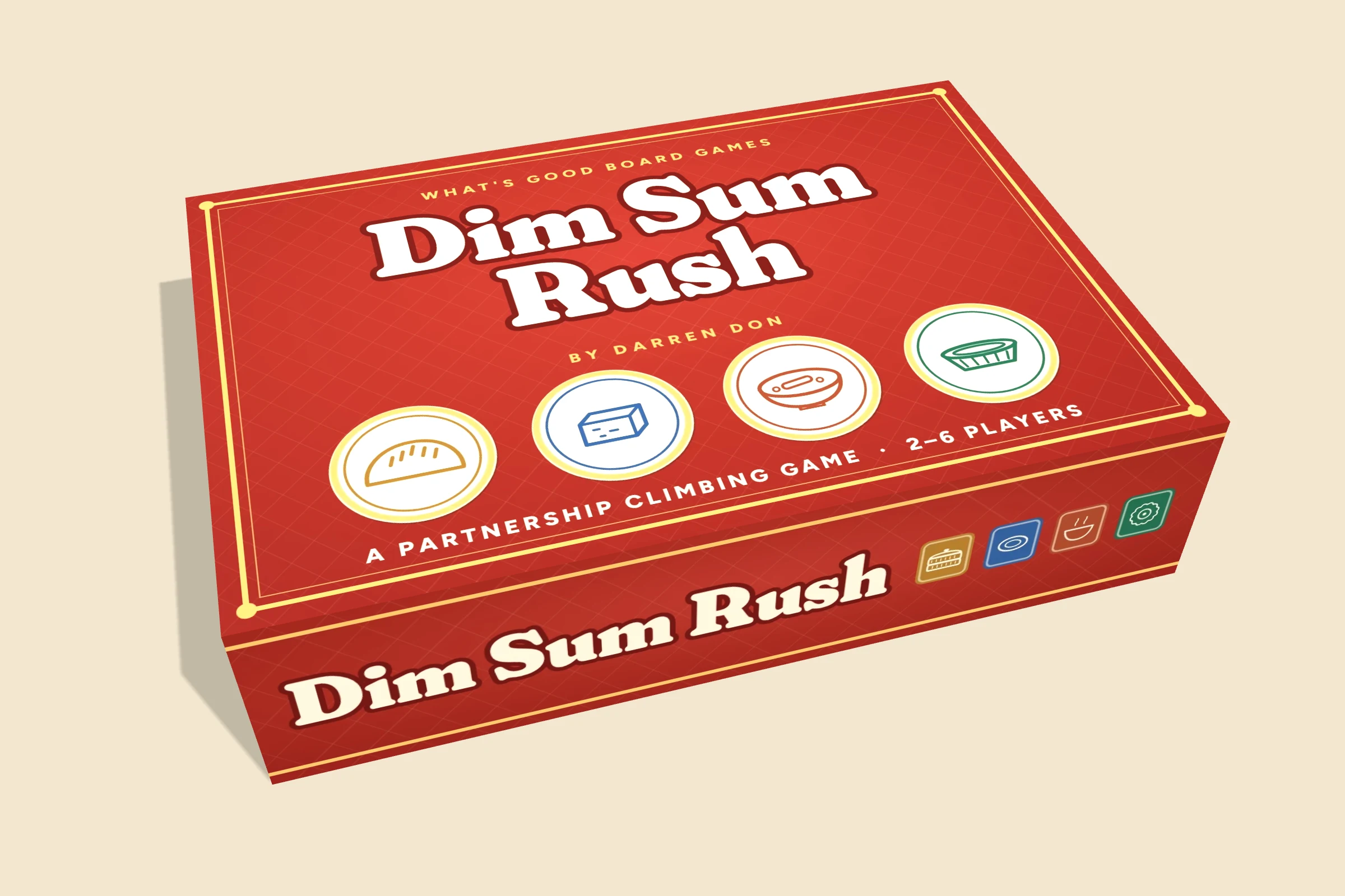 Close-up of the Dim Sum Rush box lid, with four dish medallions under the title.