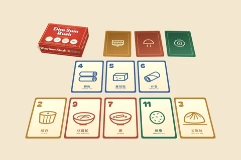 The card version: a Tichu-size card box, three face-down cards showing their serving-vessel backs, a played run of 4 5 6 and a cart of five cards.