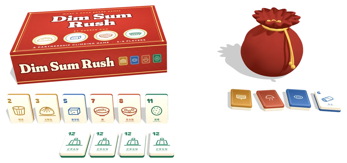Dim Sum Rush mockup: a red game box, a red cloth tile bag and domino-thin tiles showing dim sum dishes.