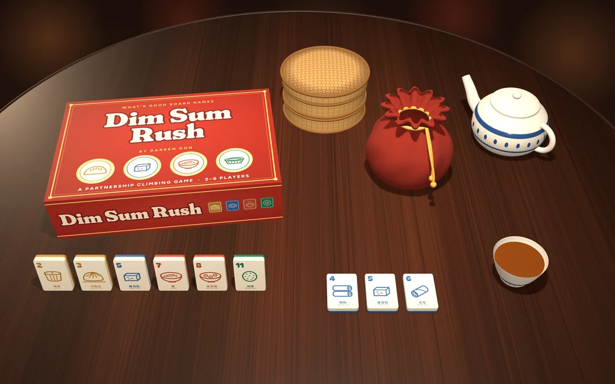 Dim Sum Rush mockup on a dark rosewood teahouse table: the box, the cloth tile bag, a row of tiles, a played run, a bamboo steamer, a teapot and a cup of tea.