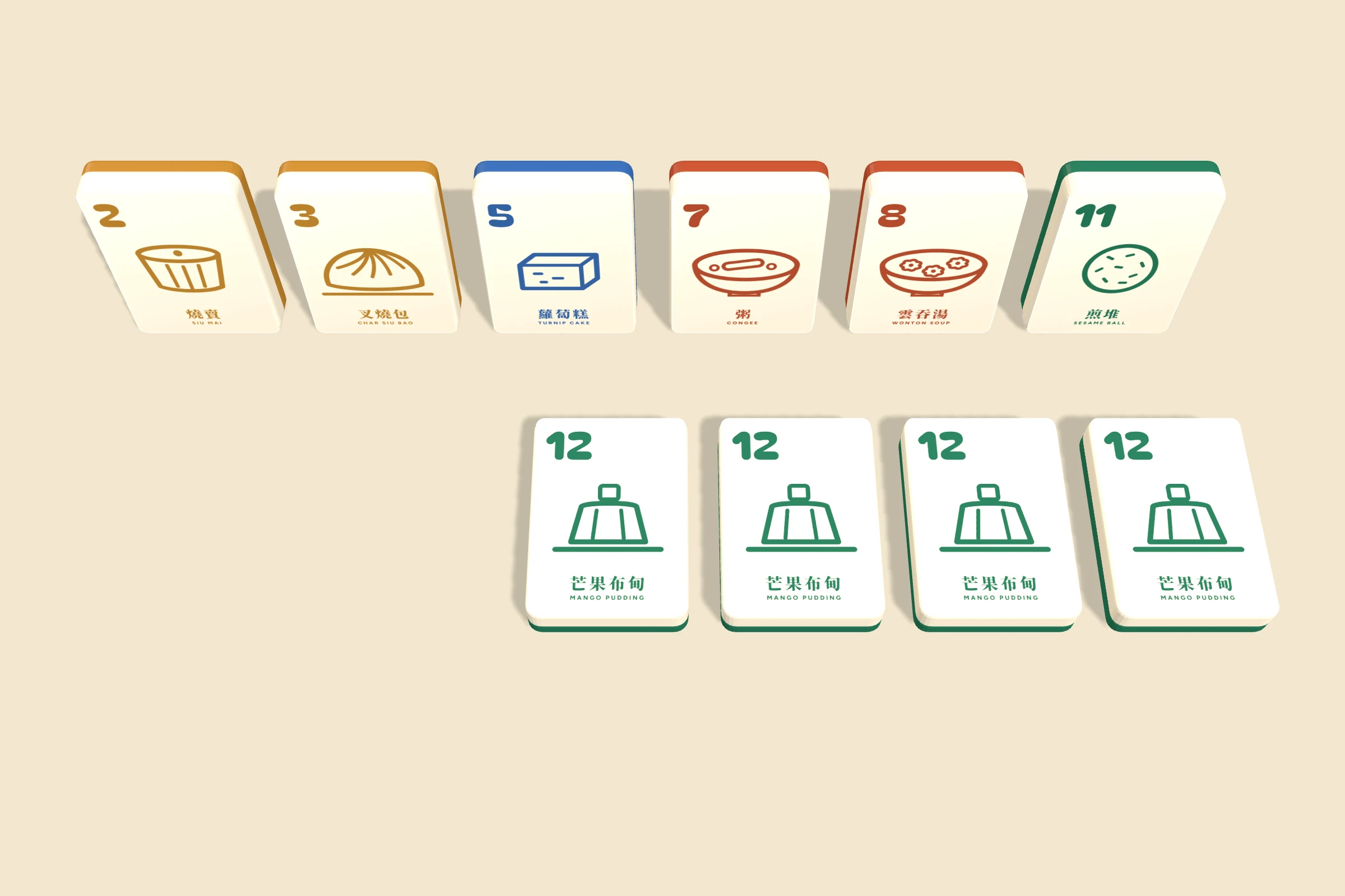 A cart of six standing tiles and a Chef's Special of four Mango Pudding 12s.