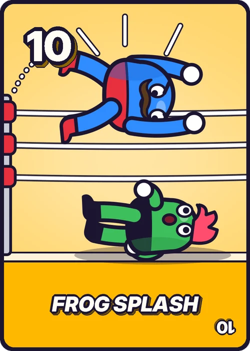 The 10 card, Frog Splash: Big Moe flies off the top rope onto Hal.