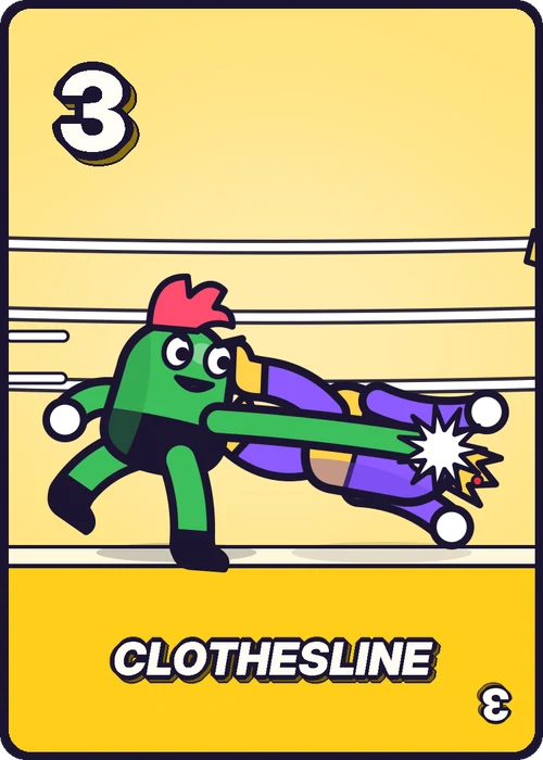 The 3 card, Clothesline: Hal clotheslines the Duchess off her feet.