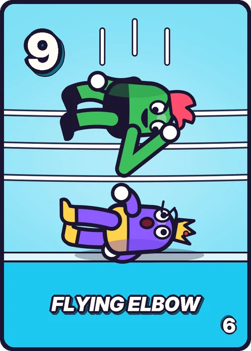 The 9 card, Flying Elbow: Hal drops an elbow on the Duchess.