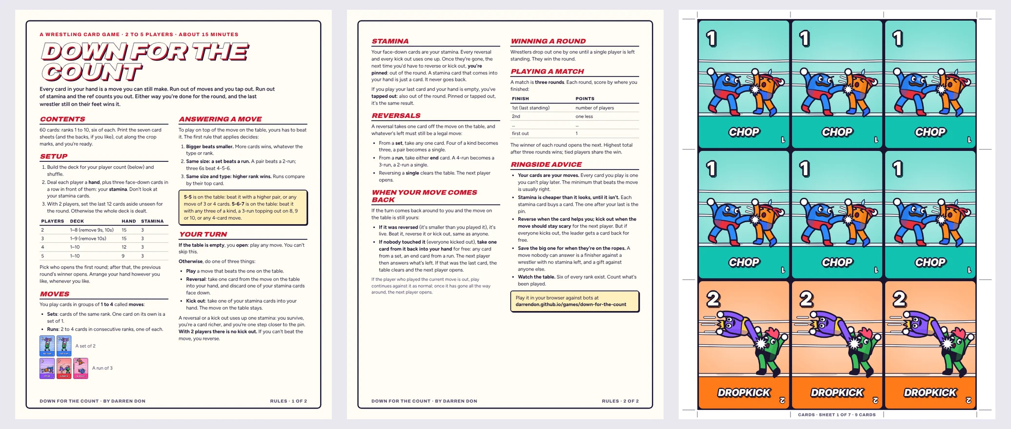 Three pages of the print-and-play kit: the two rules pages and a sheet of nine cards.