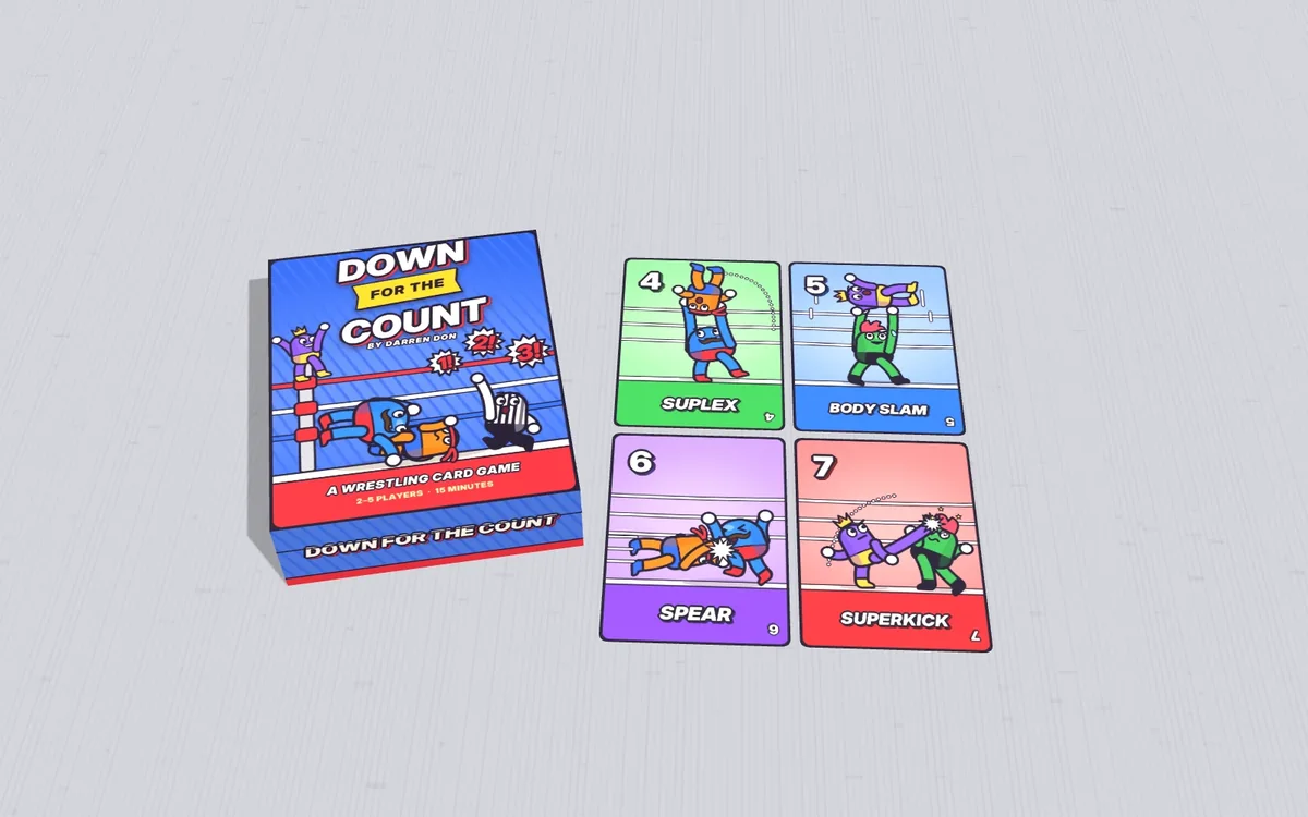 Down for the Count mockup: the bright blue box beside the Suplex, Body Slam, Spear and Superkick cards.