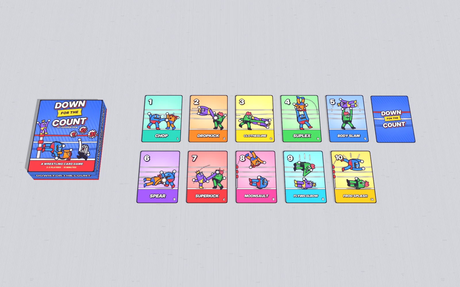 All sixty cards as ten piles of six, with the box.