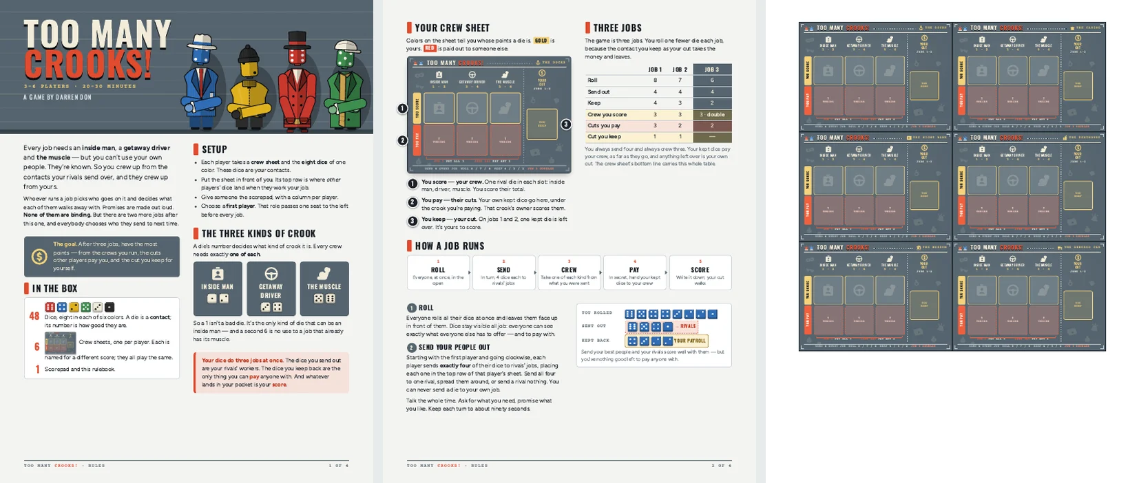 Three pages of the print-and-play kit: the first two rules pages and the sheet of six crew sheets.