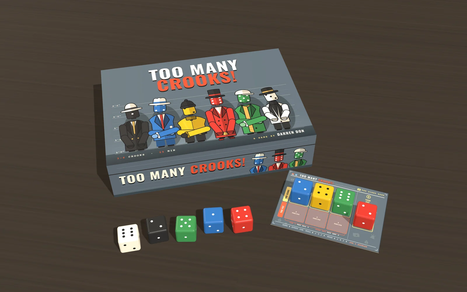 The box, loose dice and a crew sheet mid-job.