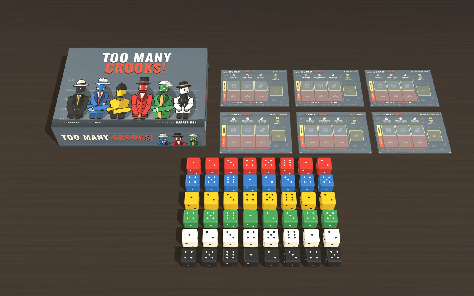The lid, six crew sheets and forty-eight dice laid out.