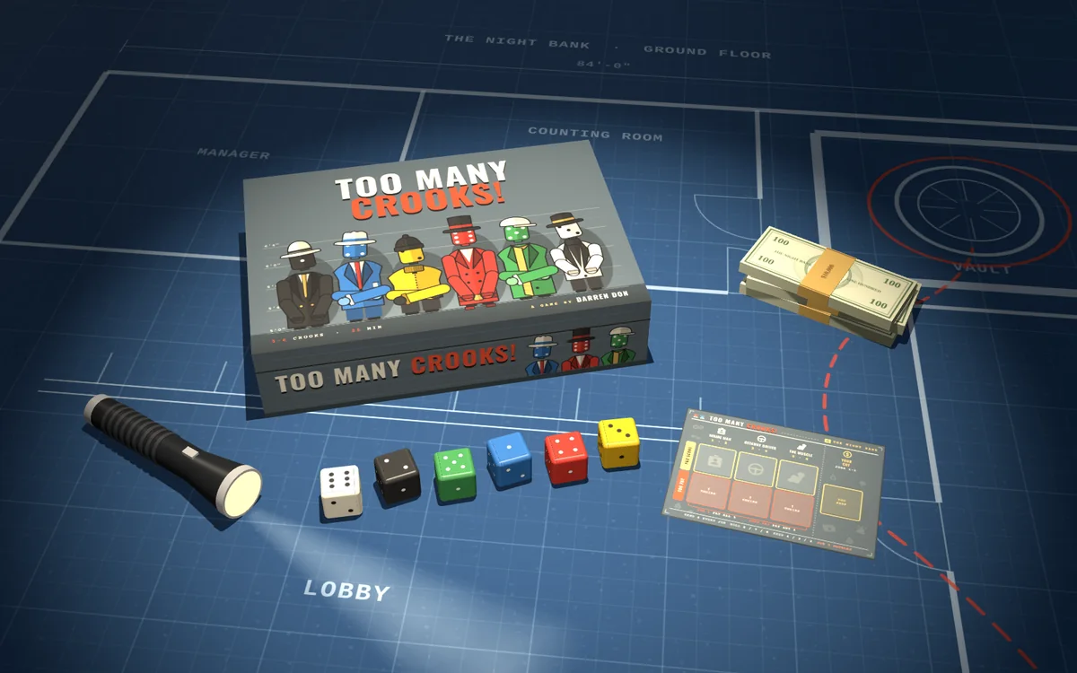 Too Many Crooks! mockup on a blueprint of the Night Bank: the box, six colored dice, a crew sheet, a stack of cash and a flashlight.