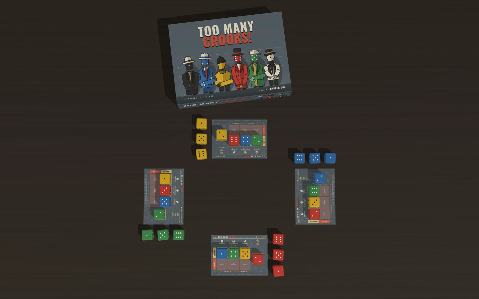 Four crew sheets around a table, mid-job.