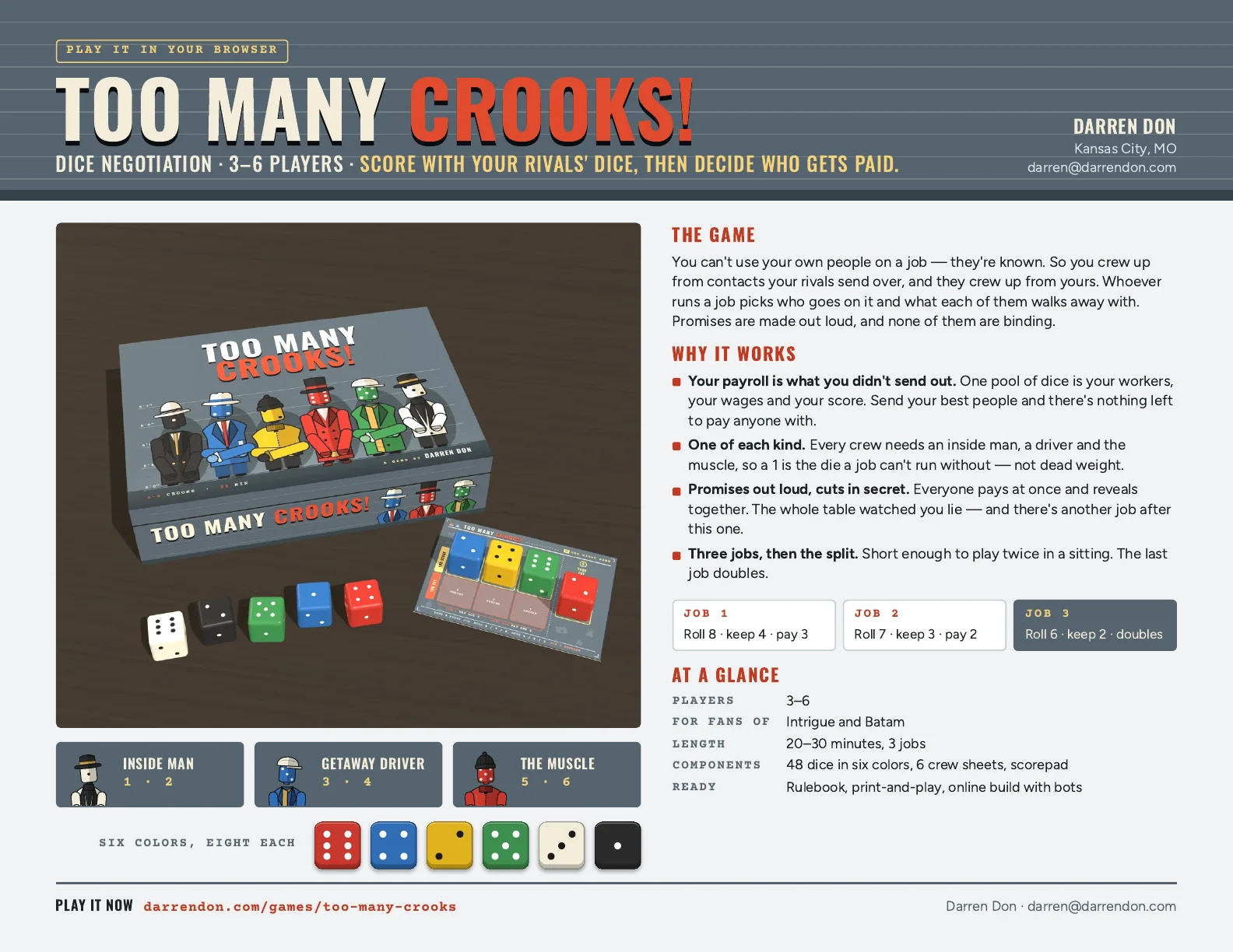 Preview of the one-page Too Many Crooks! sell sheet.