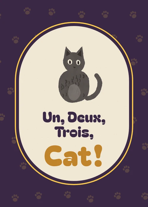 The card back: the painted cat and the title in a cream oval on plum with gold paw prints.