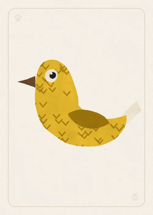 The bird card in its own color, yellow: a plump yellow felt bird with a brown beak and a cream tail.