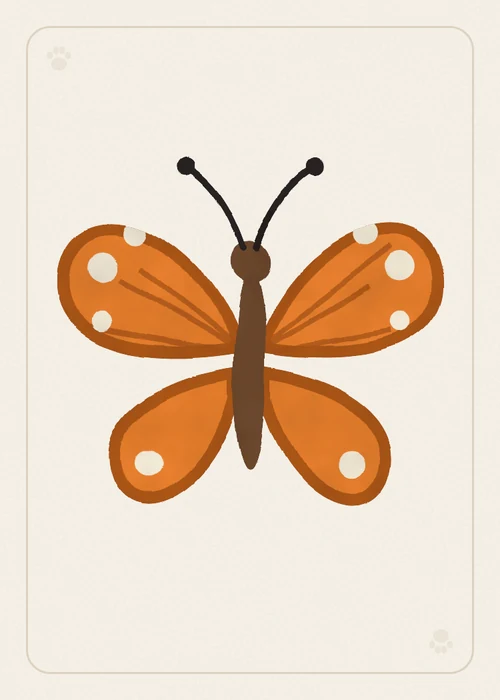 The butterfly card in its own color, orange: an orange felt butterfly with cream spots and a brown body.