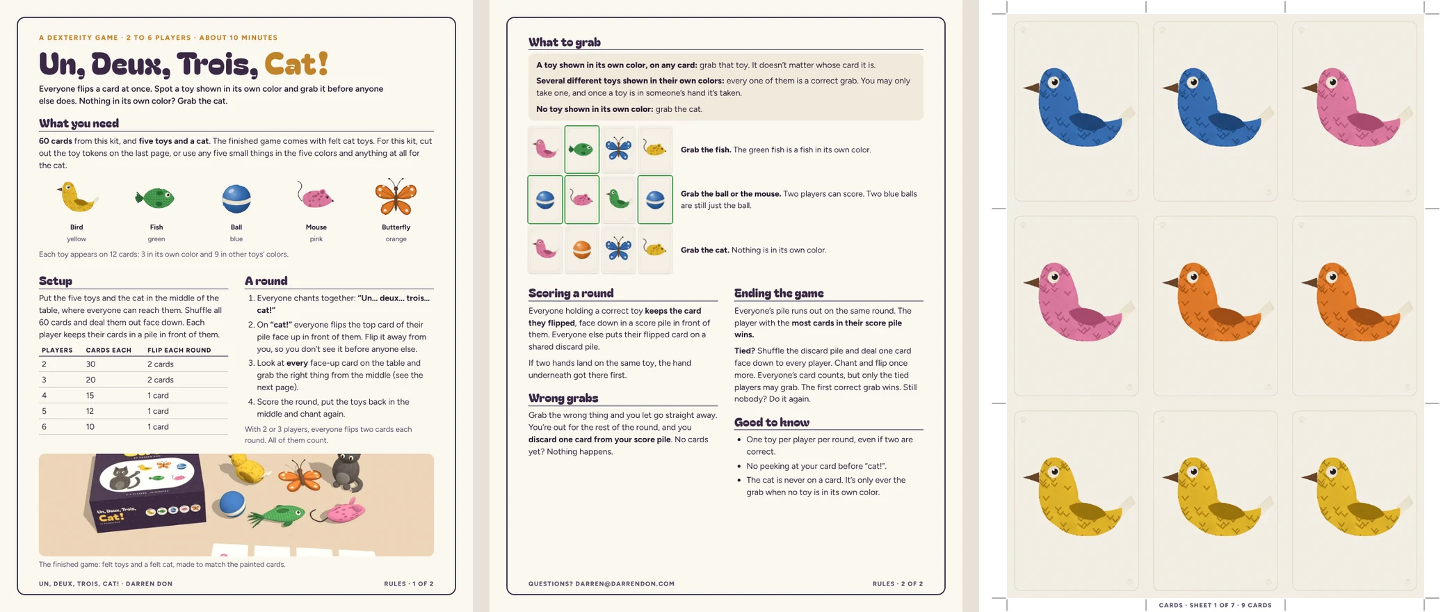 Three pages of the print-and-play kit: the two rules pages and a sheet of nine cards.